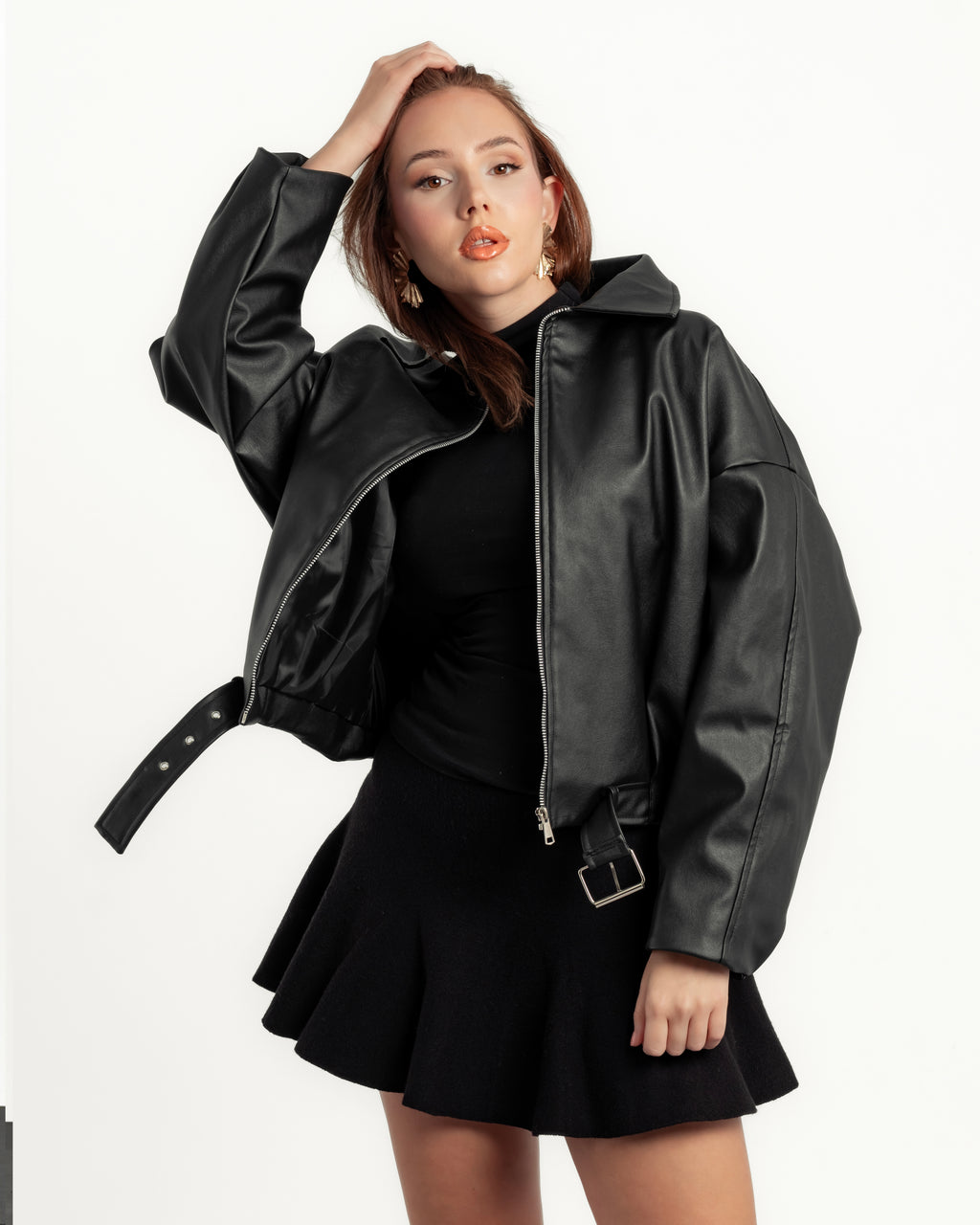 Black oversize leather jacket