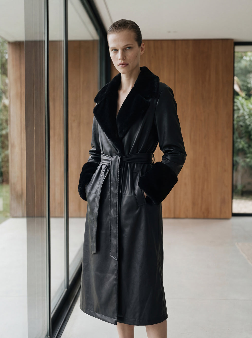 Long Black Coat - Furry Leather