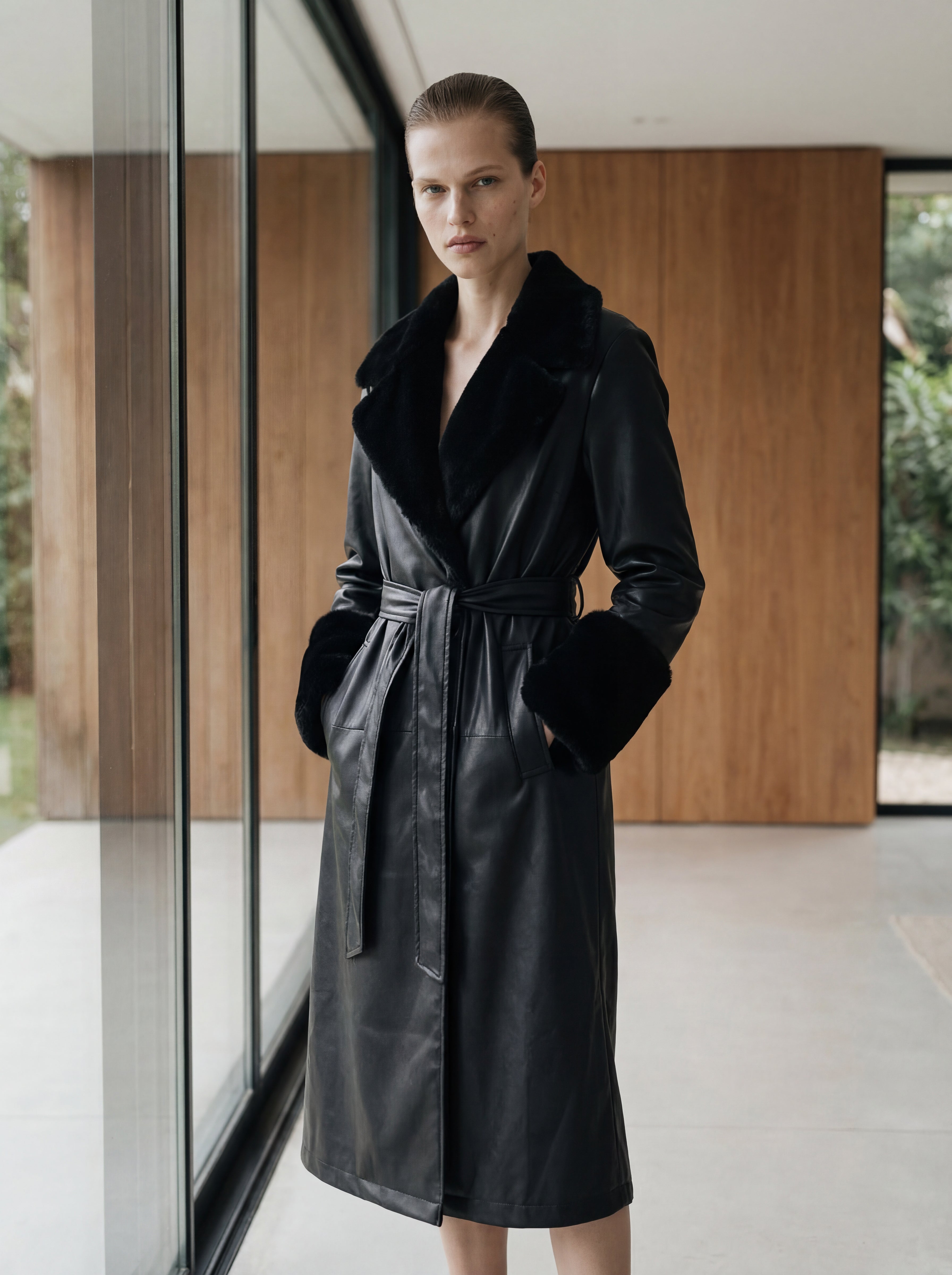 Long Black Coat - Furry Leather