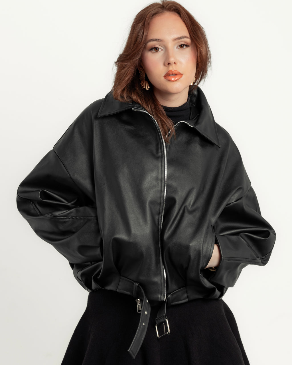 Black oversize leather jacket