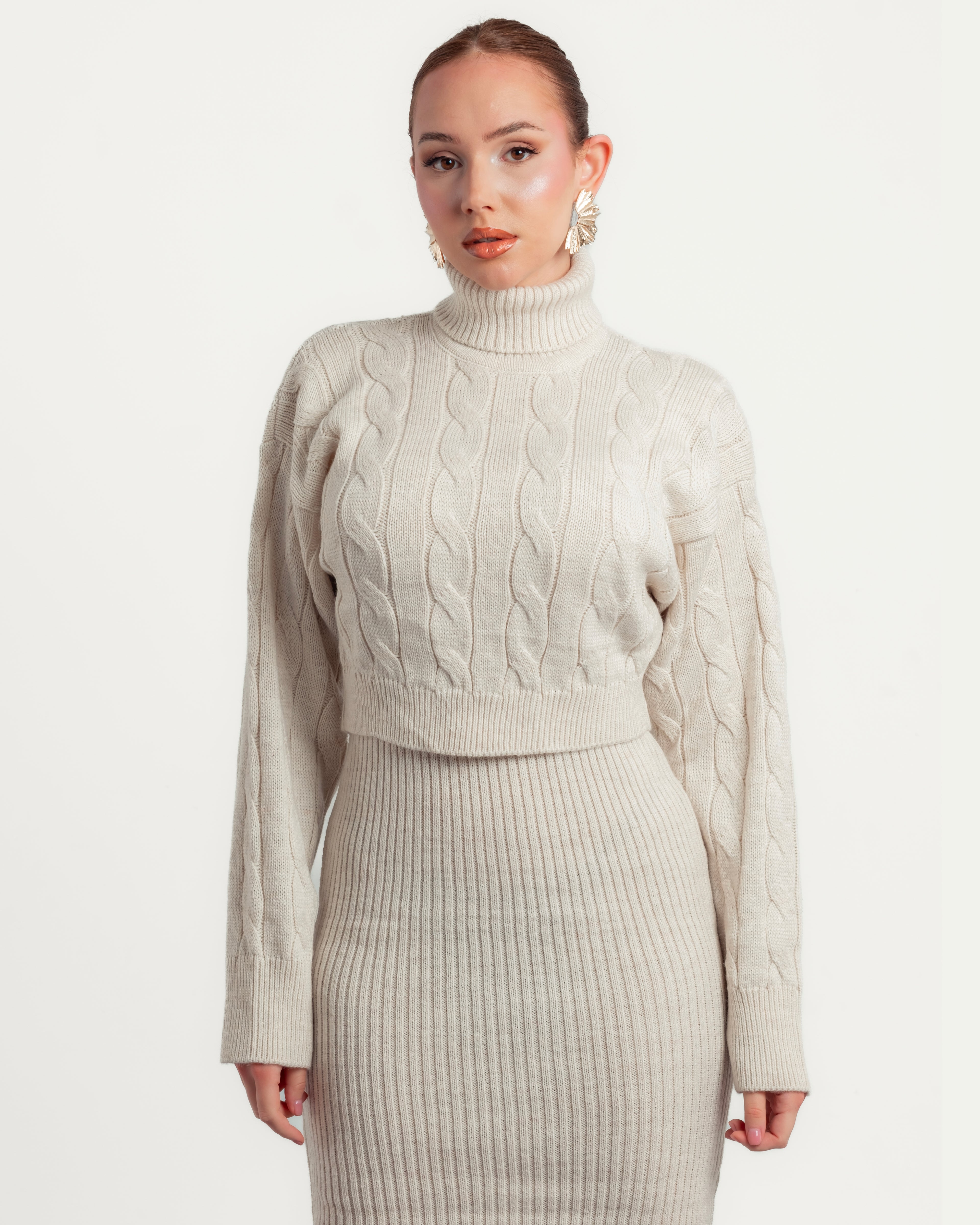 Long Dress With Crop High Neck Knitwear Set