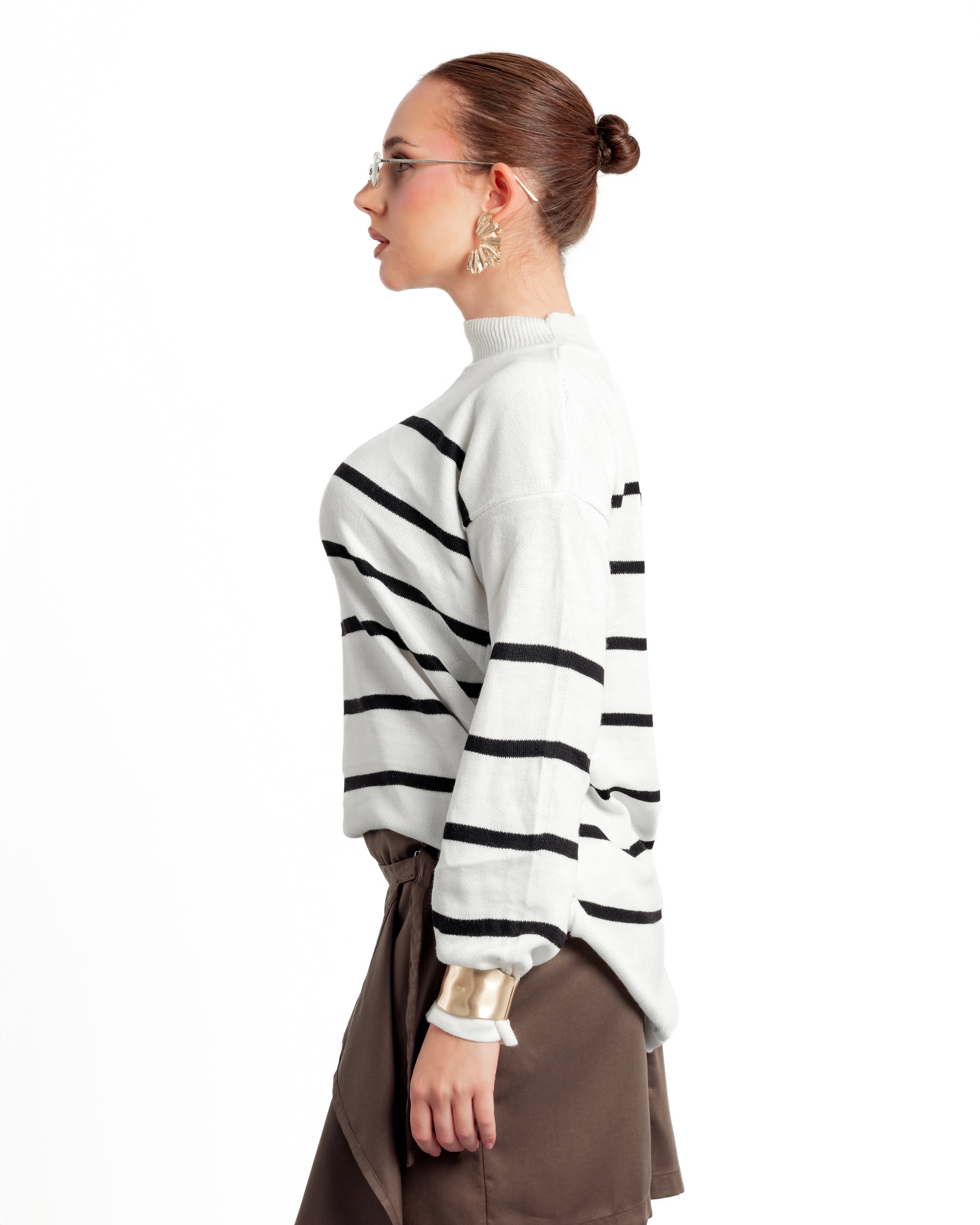 White High Collar Oversize Striped Sweater