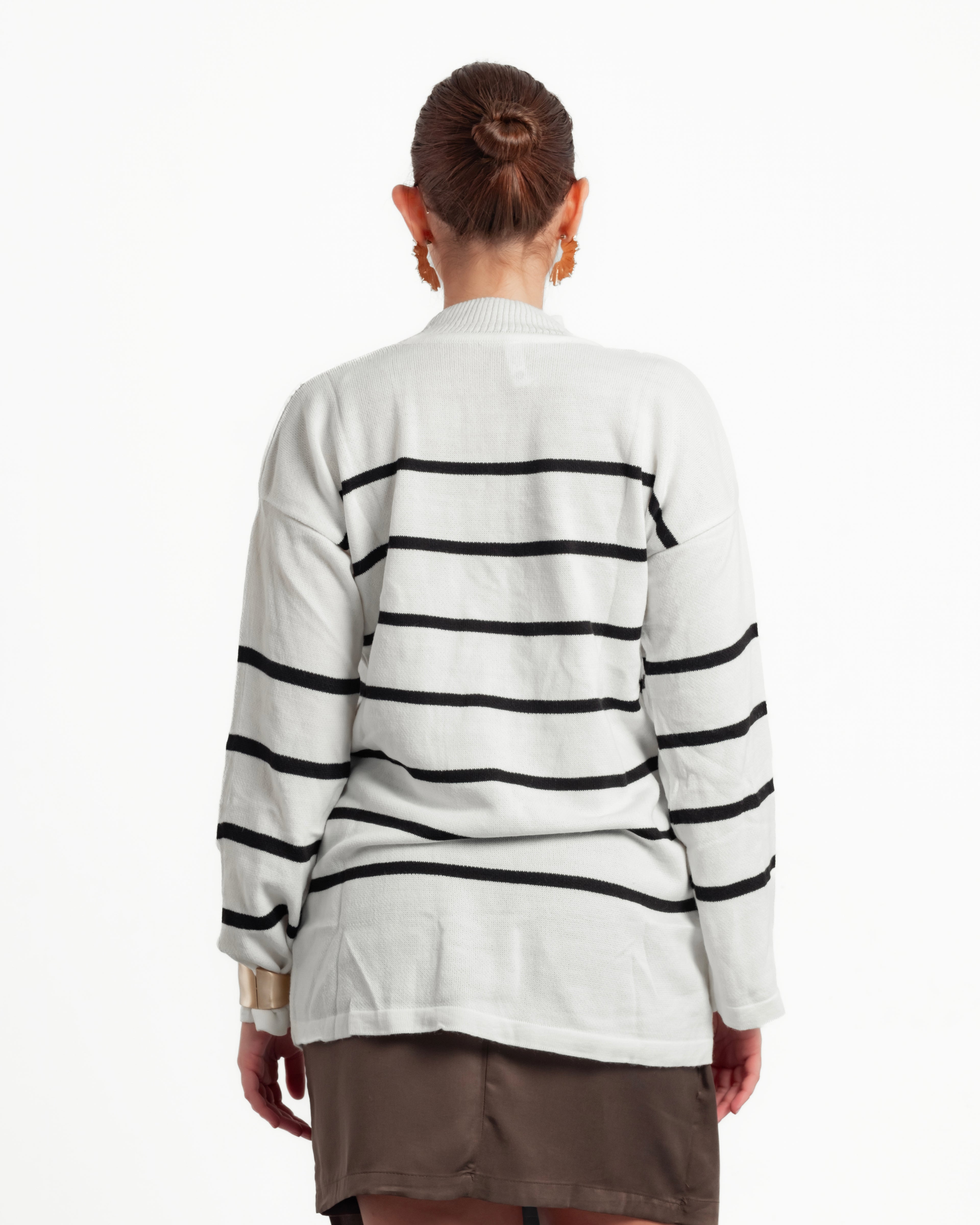 White High Collar Oversize Striped Sweater