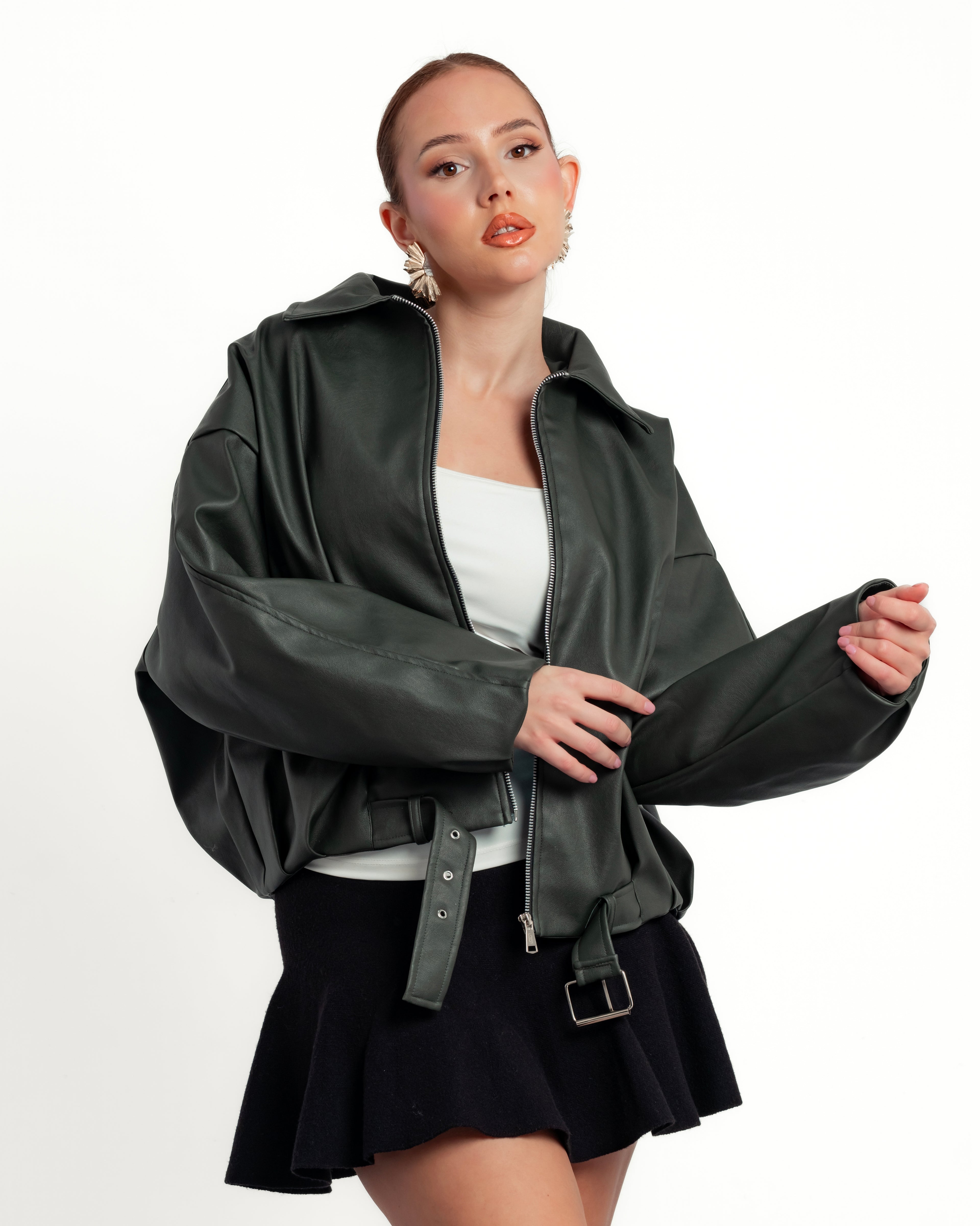 Olive Oversize Leather Jacket