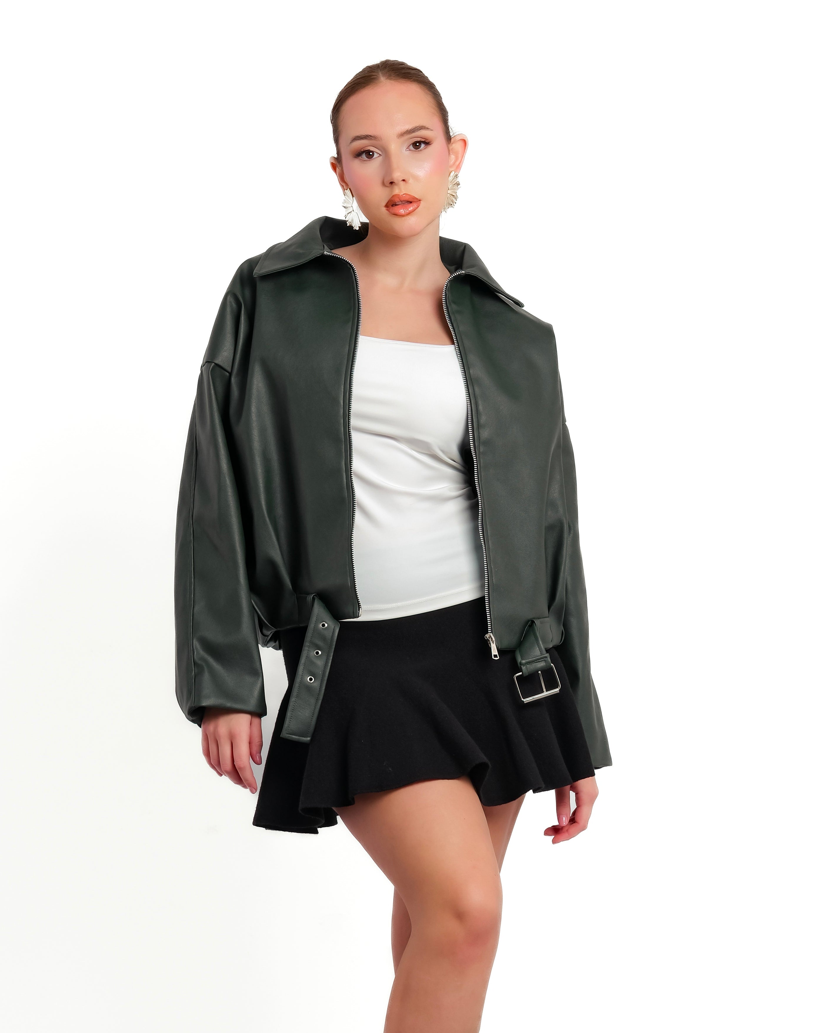 Olive Oversize Leather Jacket