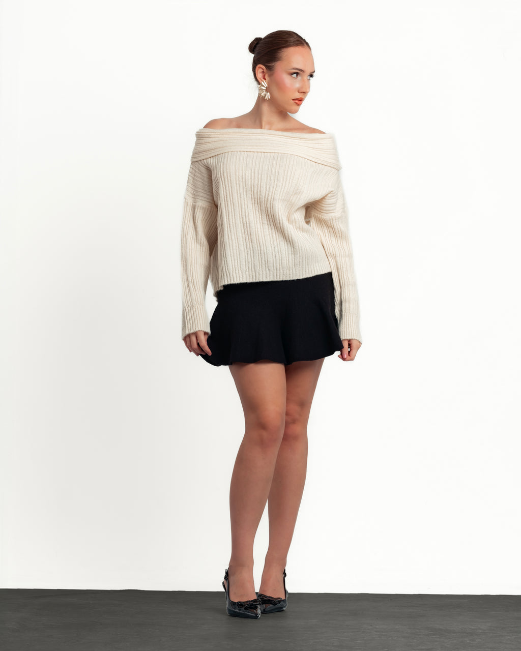 Beige Off-Shoulder Women's Knitwear Top