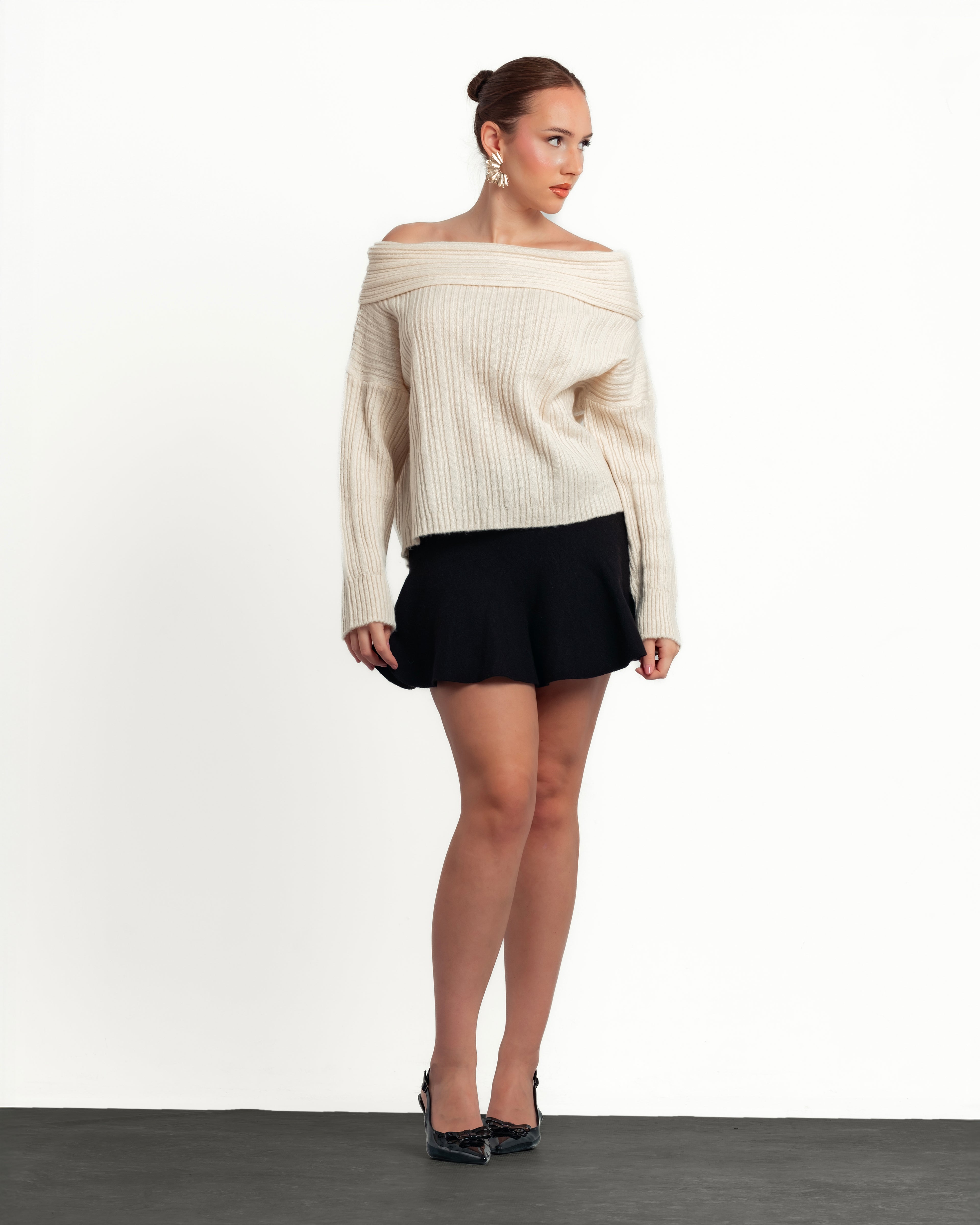 Beige Off-Shoulder Women's Knitwear Top