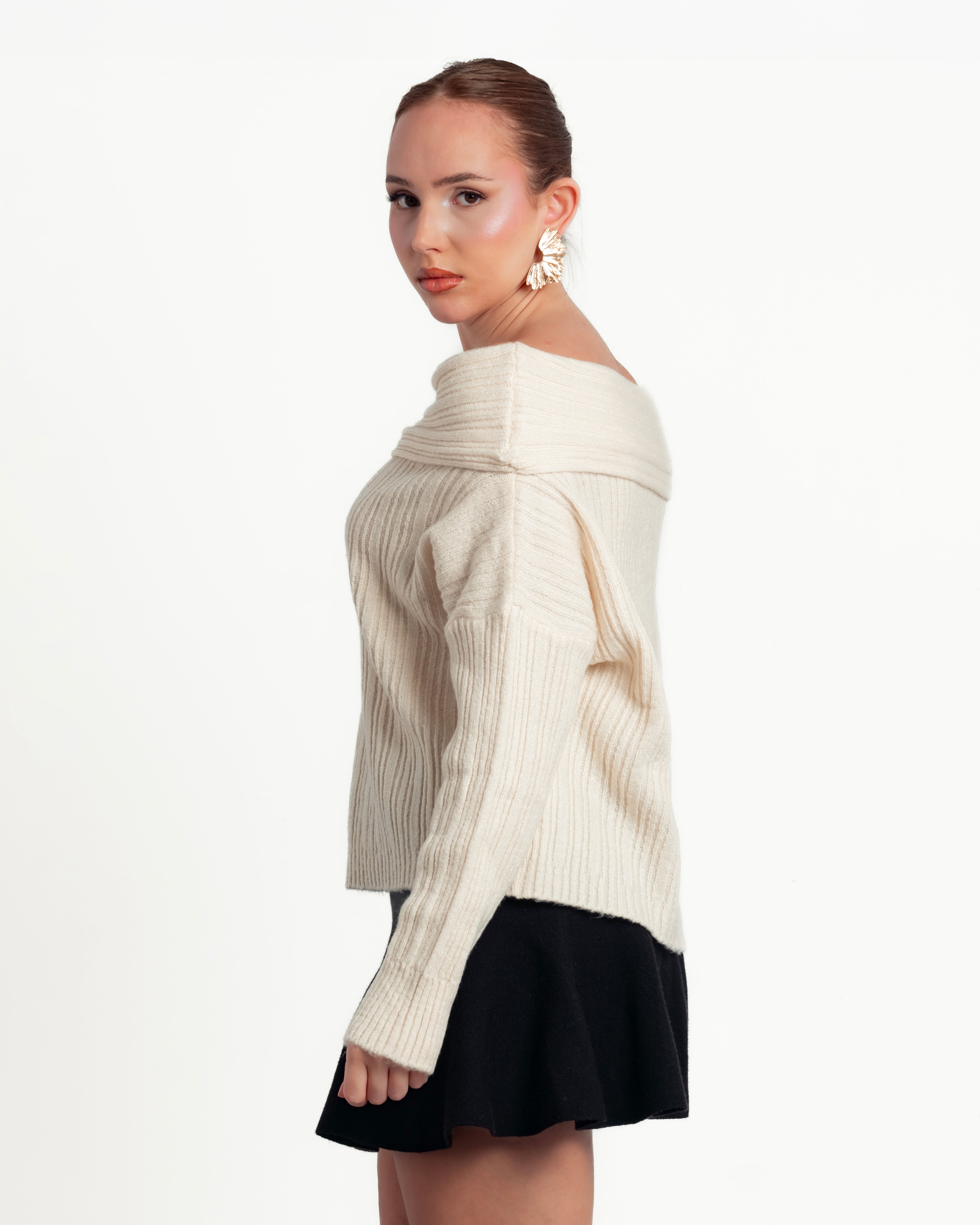 Beige Off-Shoulder Women's Knitwear Top
