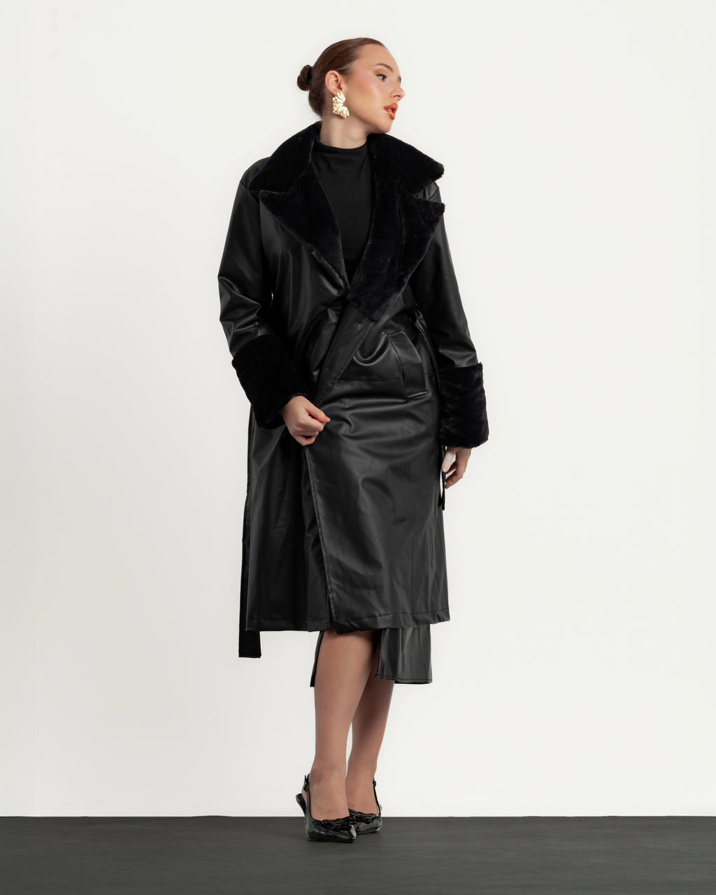 Long Black Coat - Furry Leather