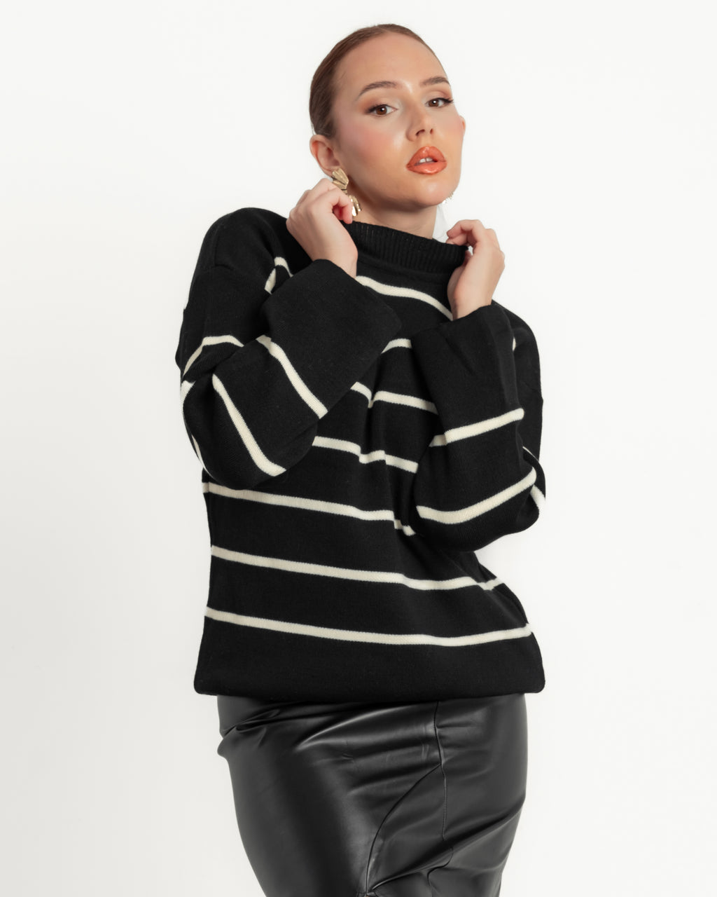 Black High Collar Oversize Striped Sweater