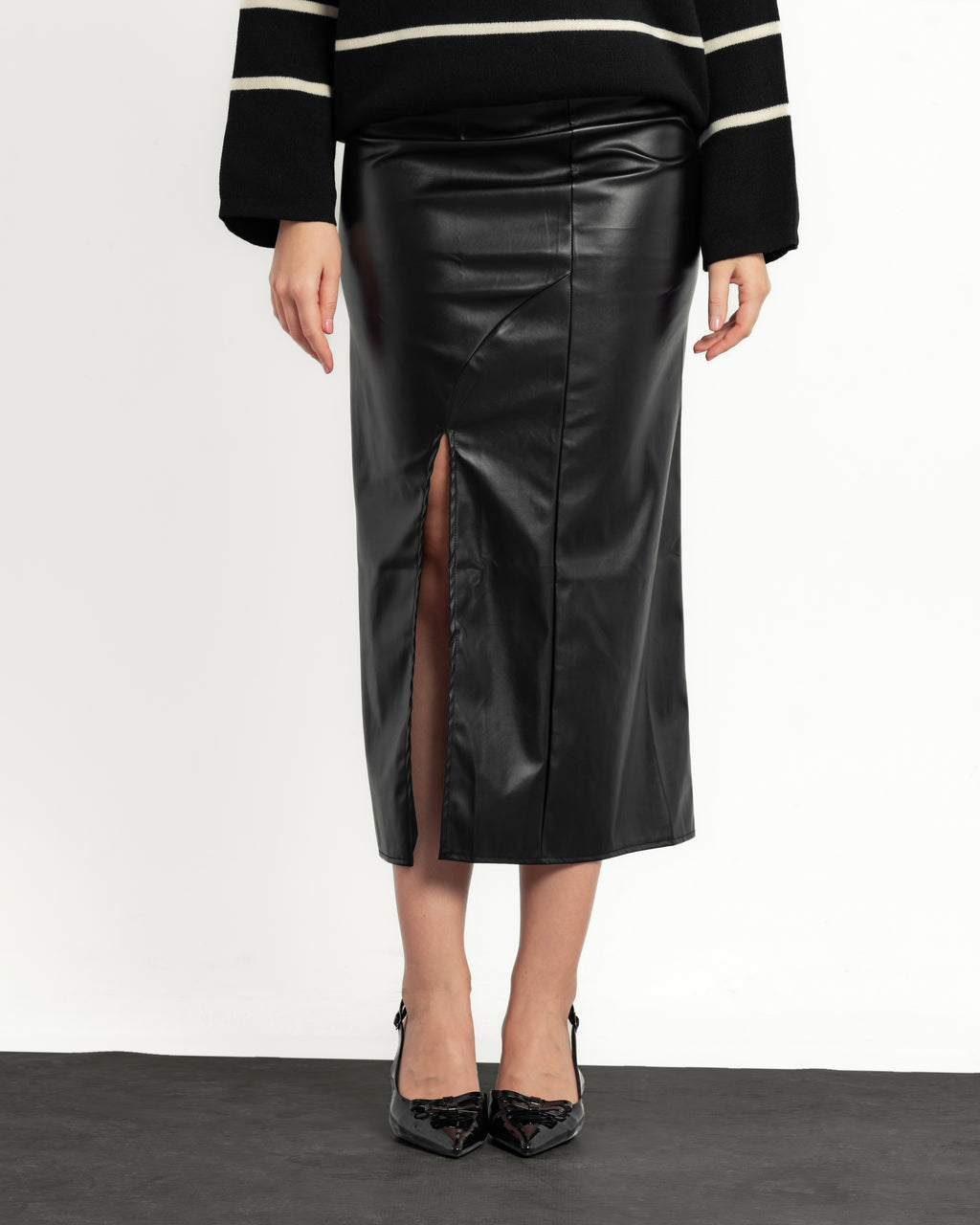 High Waist Black Leather Skirt