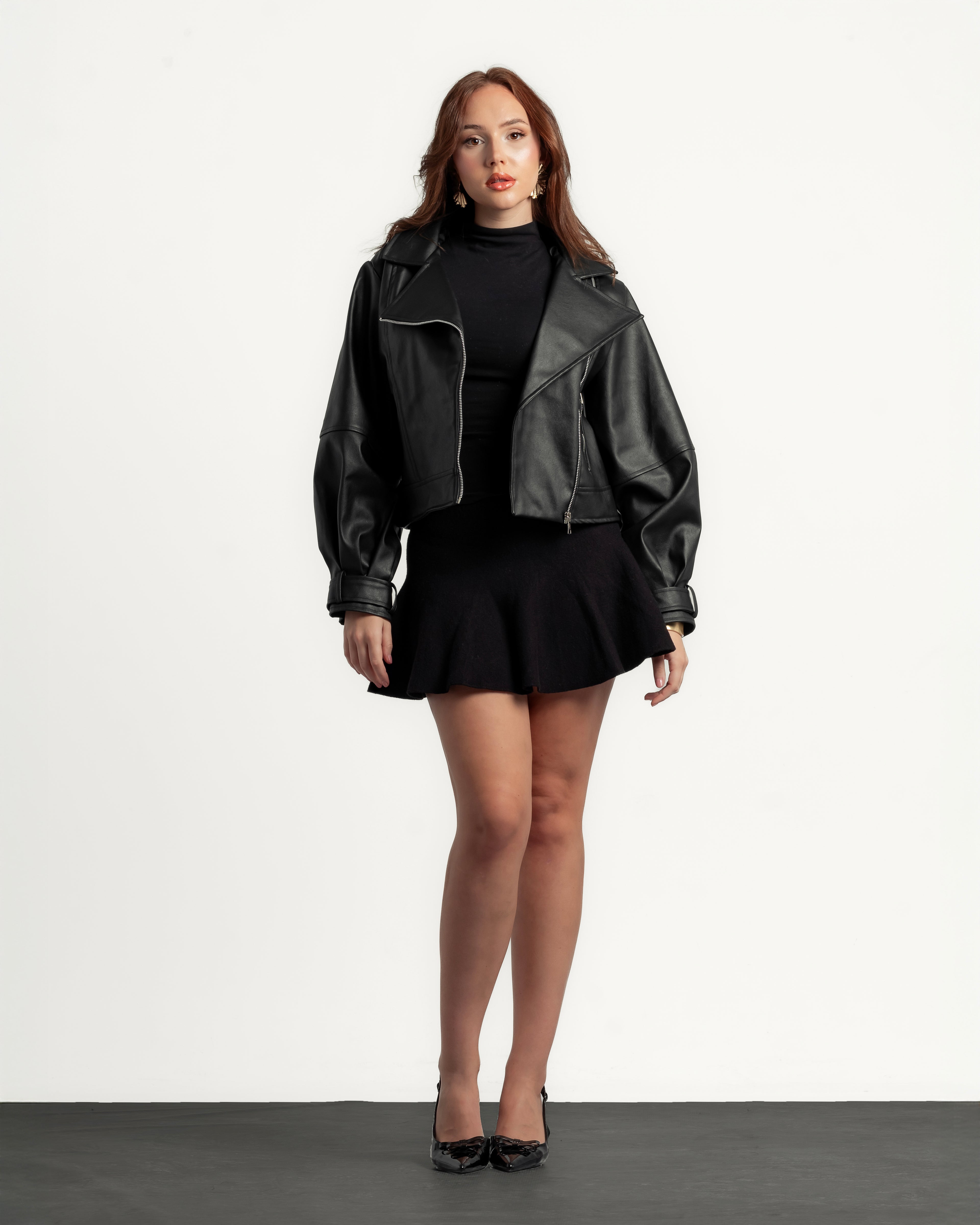 Black leather jacket with side zipper