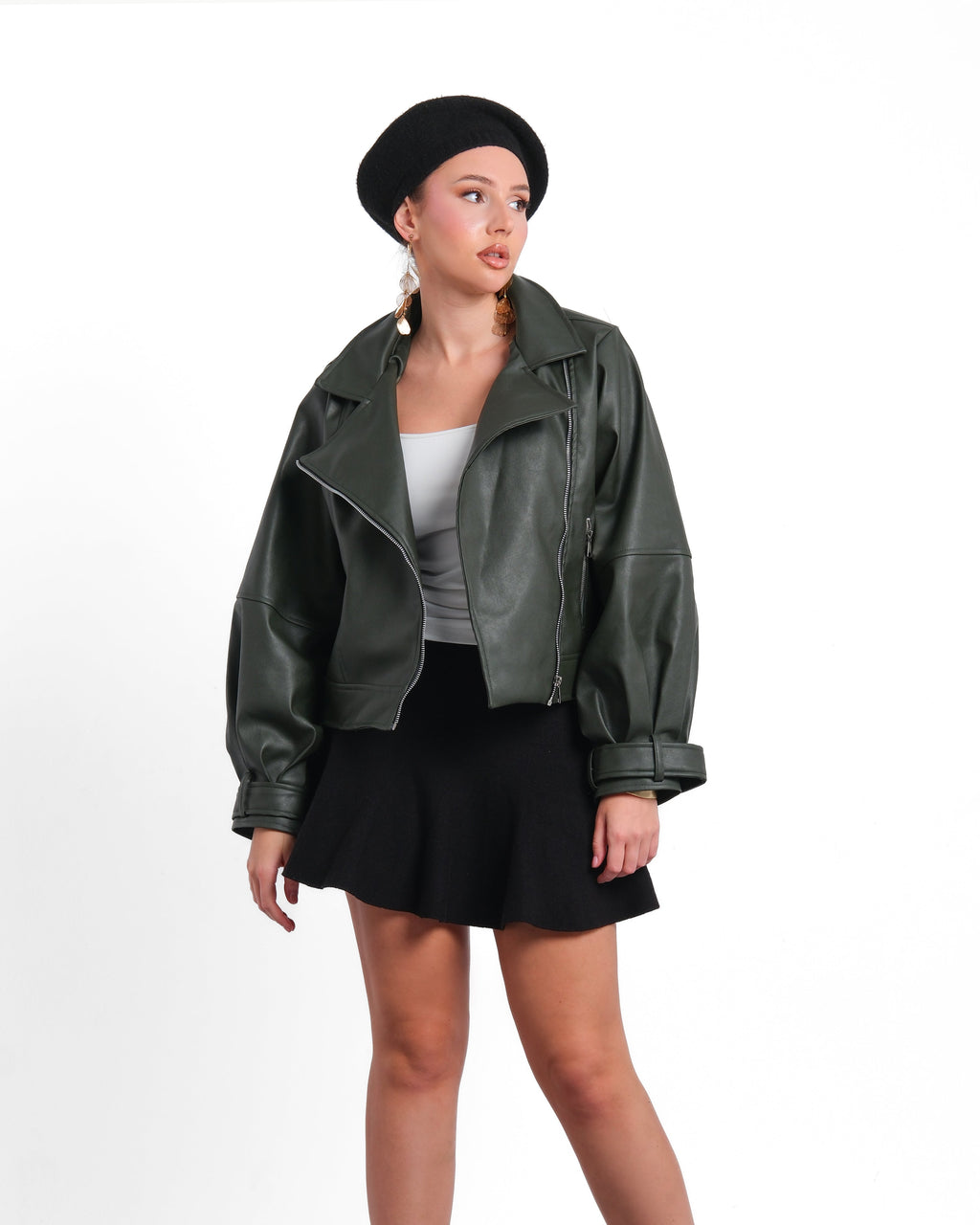 Olive Leather Jacket With Side Zipper