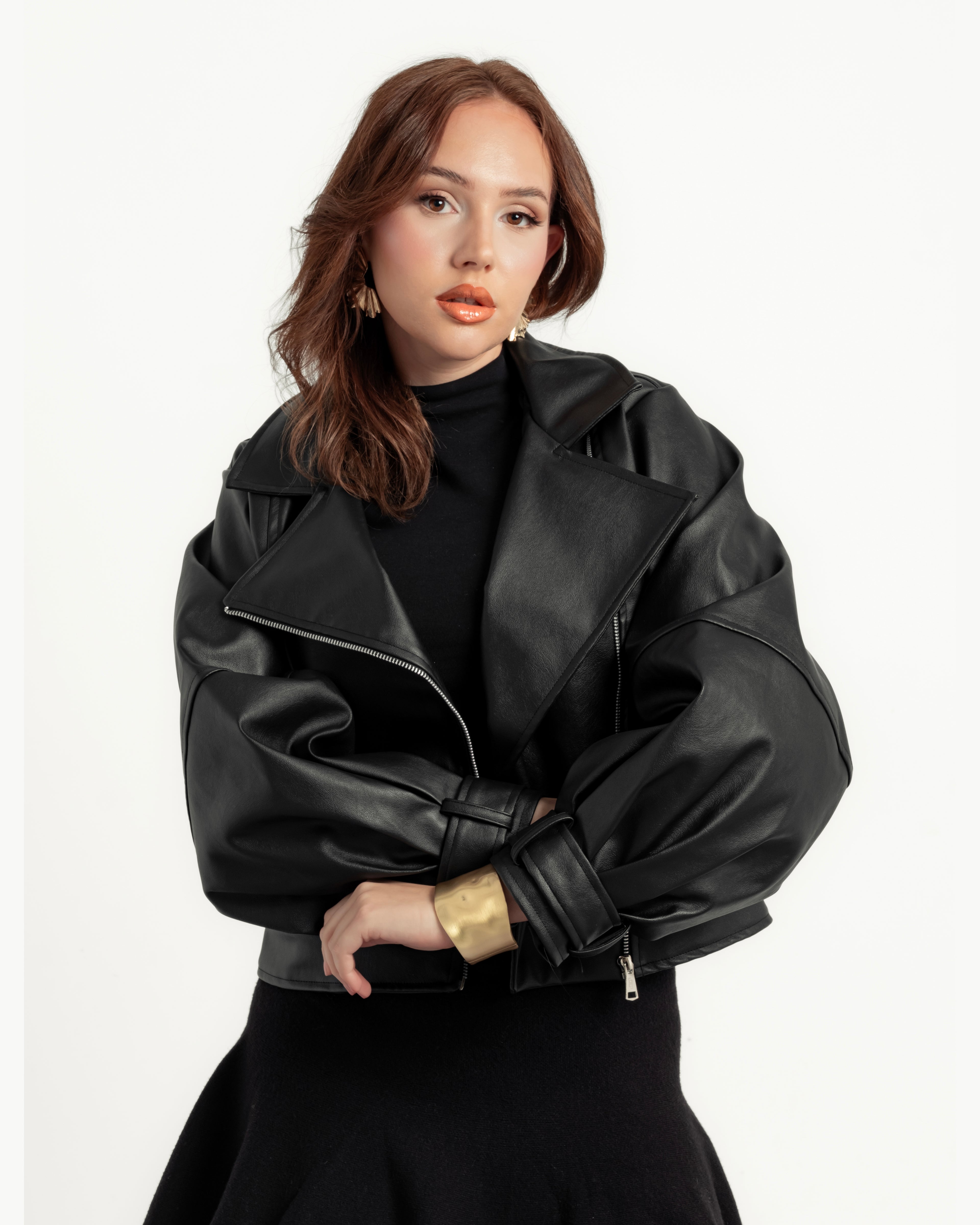 Black leather jacket with side zipper