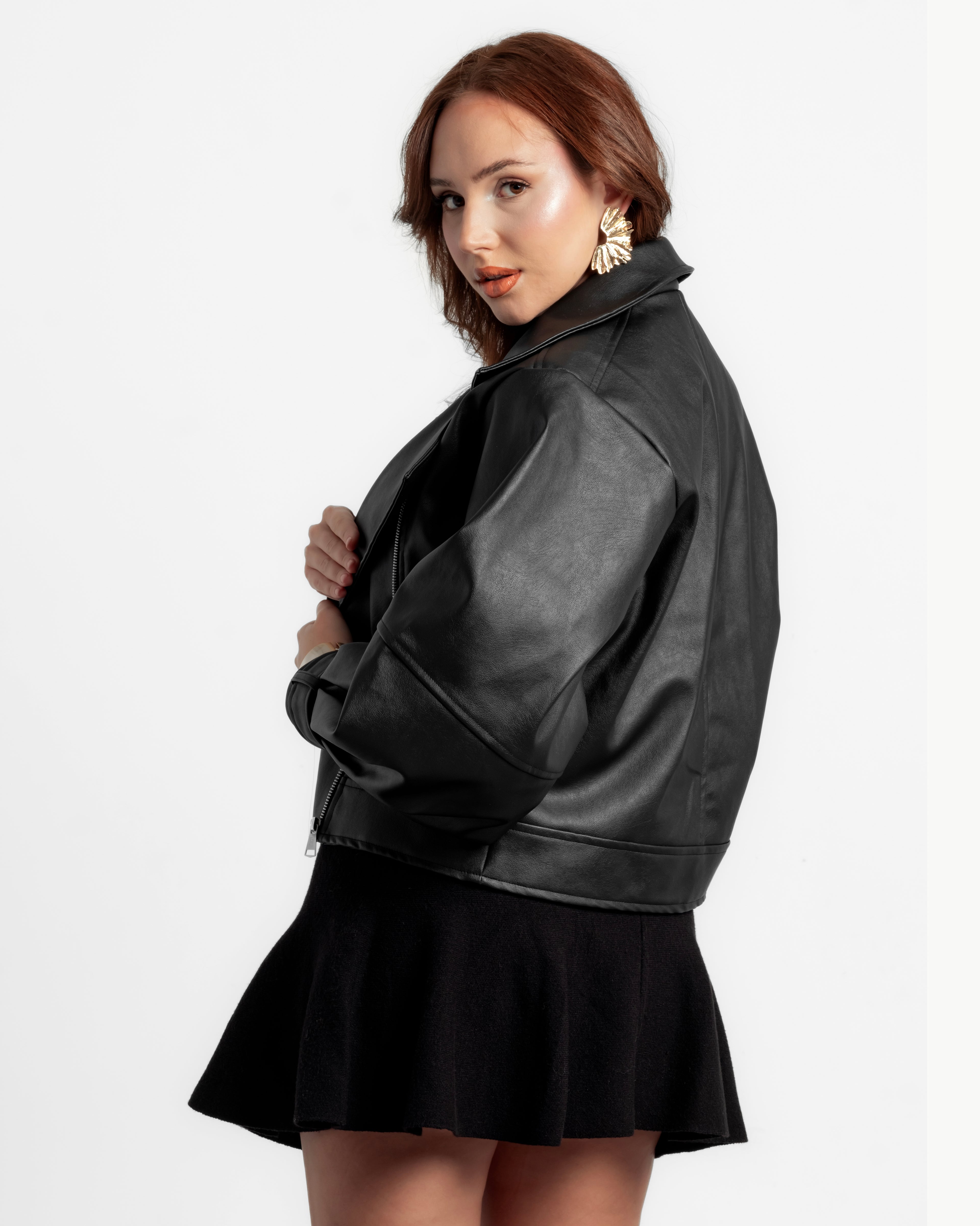 Black leather jacket with side zipper