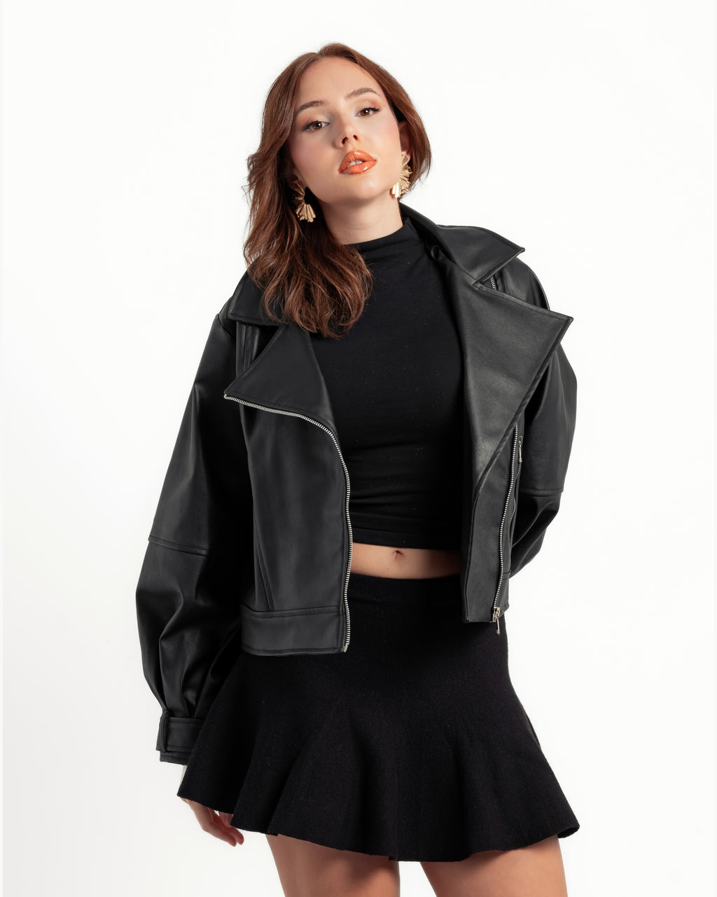 Black leather jacket with side zipper