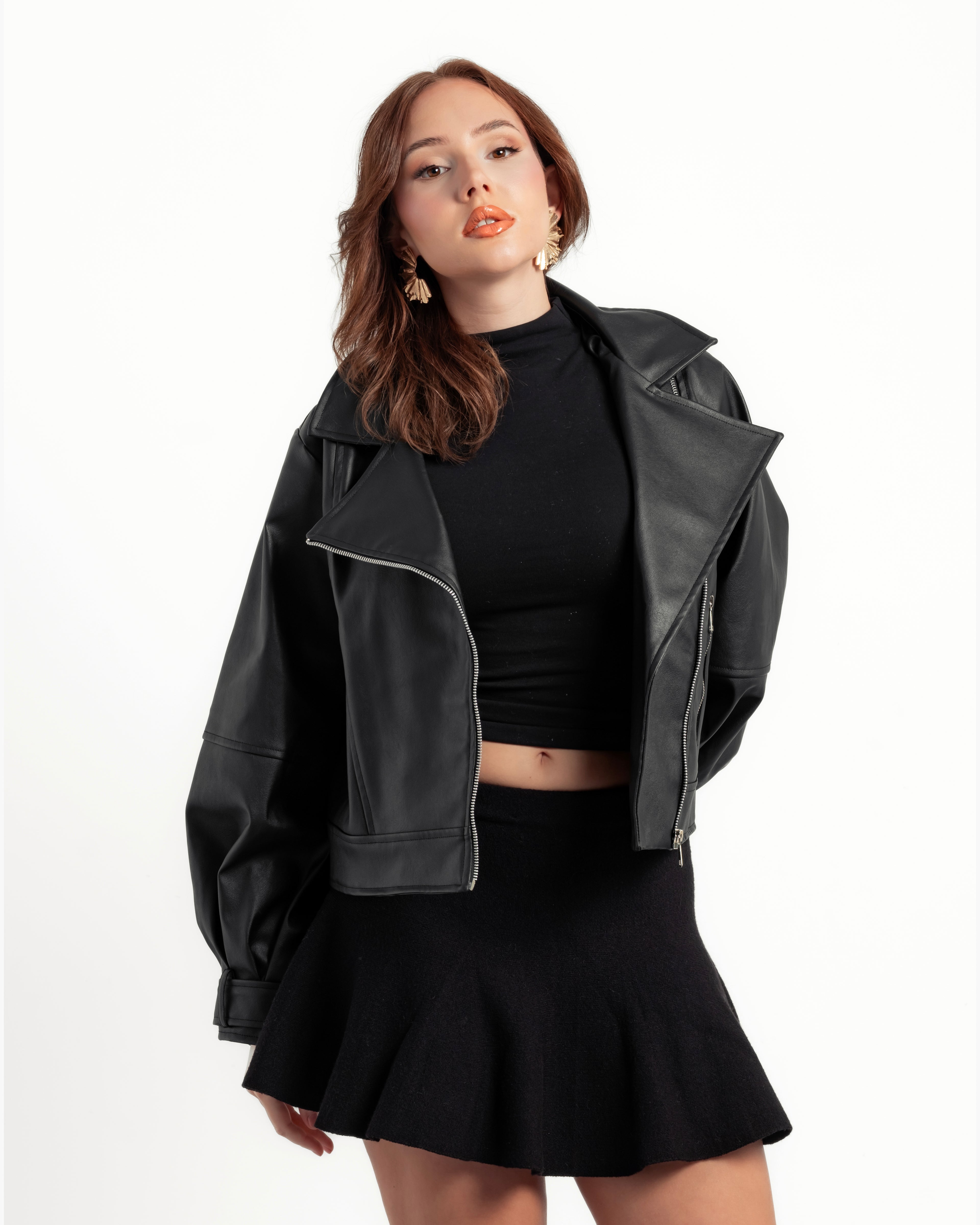 Black leather jacket with side zipper