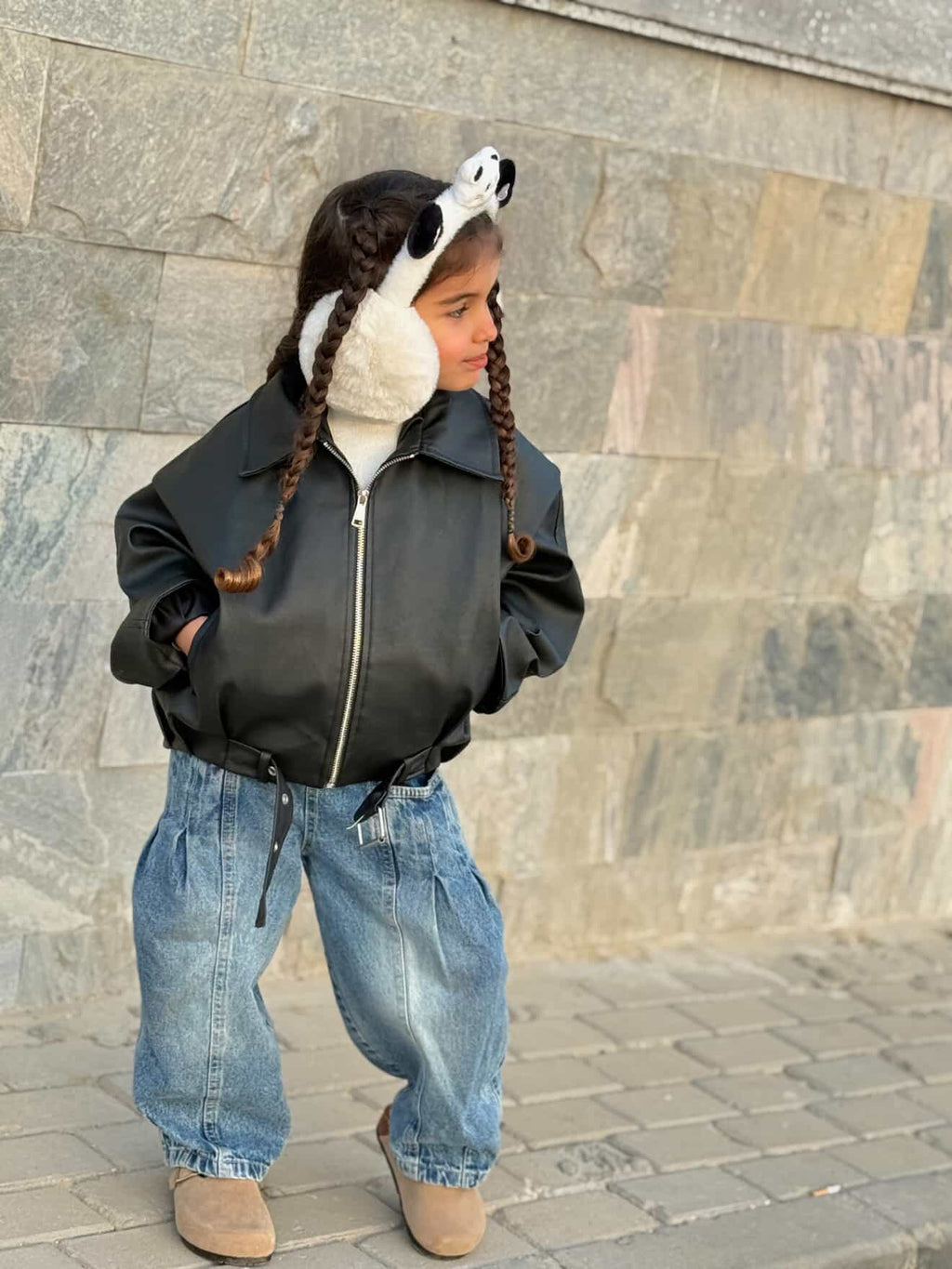 Black oversize leather jacket for kids