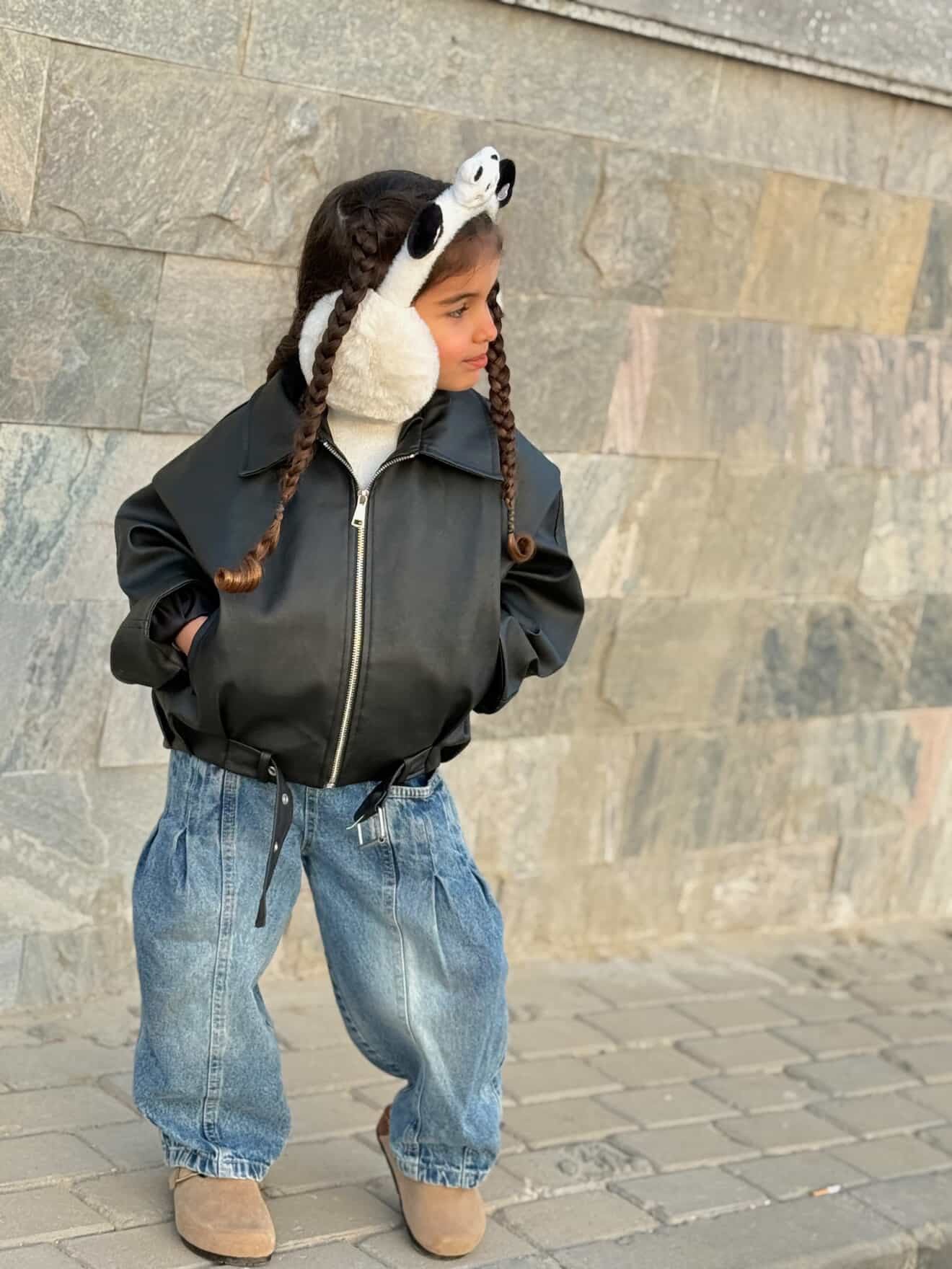 Black oversize leather jacket for kids